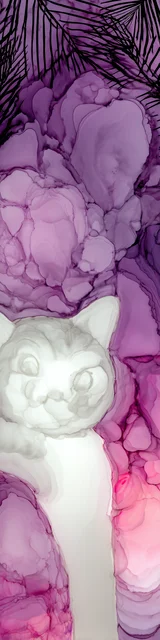 Free abstract cat art bookmarks featuring a mostly purple and white cat with abstract art